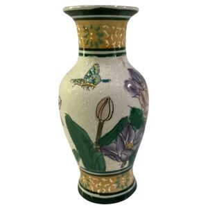 Hand-Painted Porcelain Vase 8” Crackle Glaze Floral Chinoiserie Style